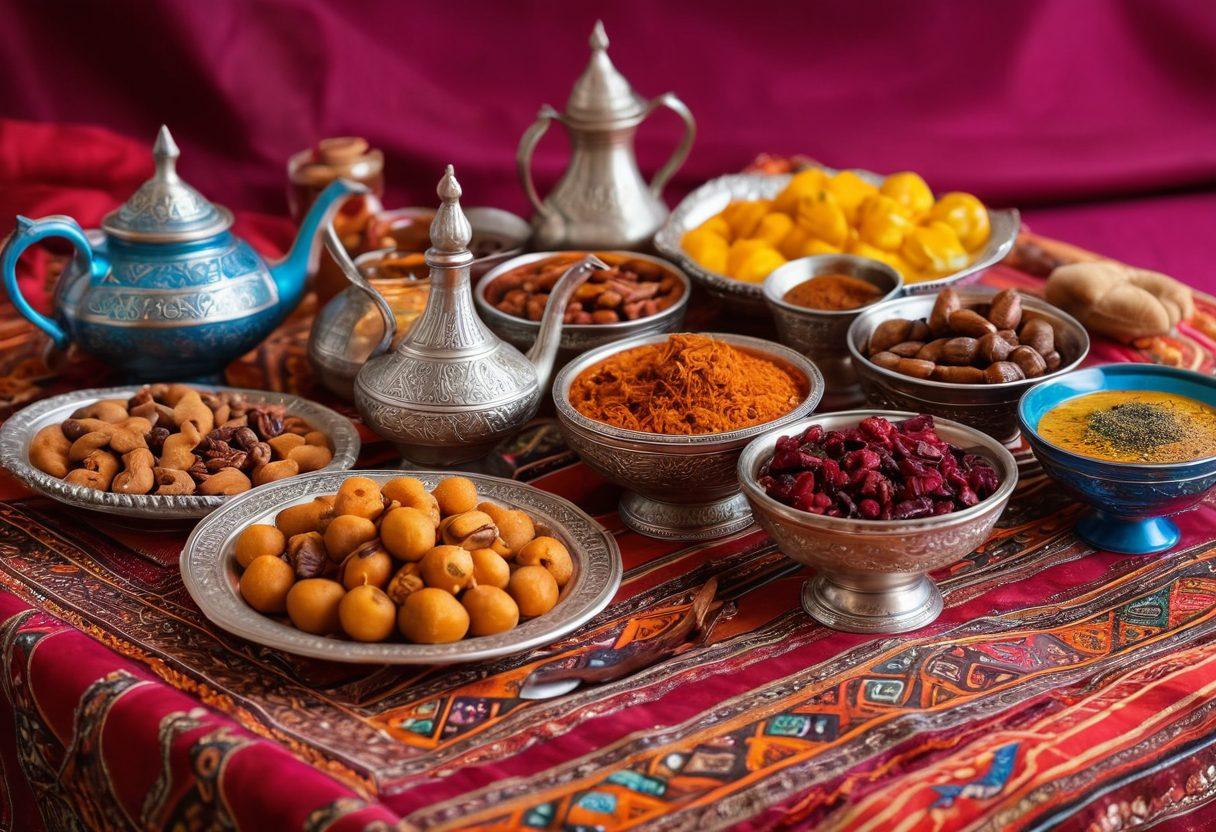 A colorful spread of traditional Qatari dishes beautifully arranged on a vibrant tablecloth, showcasing items like Machboos, Harees, and dates. Include intricate Arabian coffee pots and spices around, with a backdrop of a bustling Doha marketplace. Bright, inviting colors to highlight the rich flavors and cultural heritage. super-realistic. vibrant colors. warm tones.