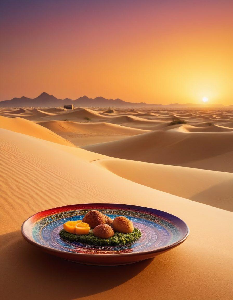 A stunning desert landscape of Qatar with rolling sand dunes under a vibrant sunset, showcasing traditional Qatari architecture in the foreground. Include elements of the local cuisine like a colorful plate of mezze amidst intricate cultural patterns. In the background, depict adventurous activities like dune bashing and falconry, blending nature and culture seamlessly. vibrant colors. super-realistic.