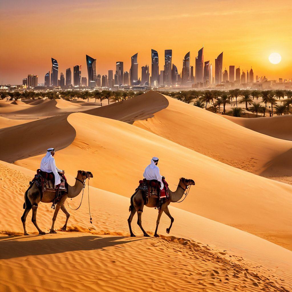 A captivating landscape of Qatar showcasing its stunning desert dunes, vibrant markets, and modern skyline, blending traditional Arabian architecture with contemporary structures. Include explorers with backpacks, a camel caravan, and a hint of rich cultural festivals in the background. Soft golden sunset illuminating the scene, creating a sense of wonder and excitement. super-realistic. vibrant colors. 3D.